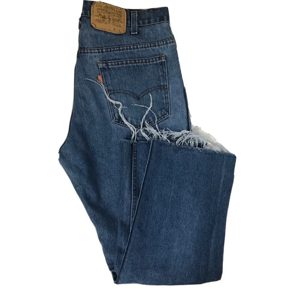 Vintage Levi Strauss Mens 70s 34x28 Blue Denim Jeans Cut Off Capri Orange‎ Tab
